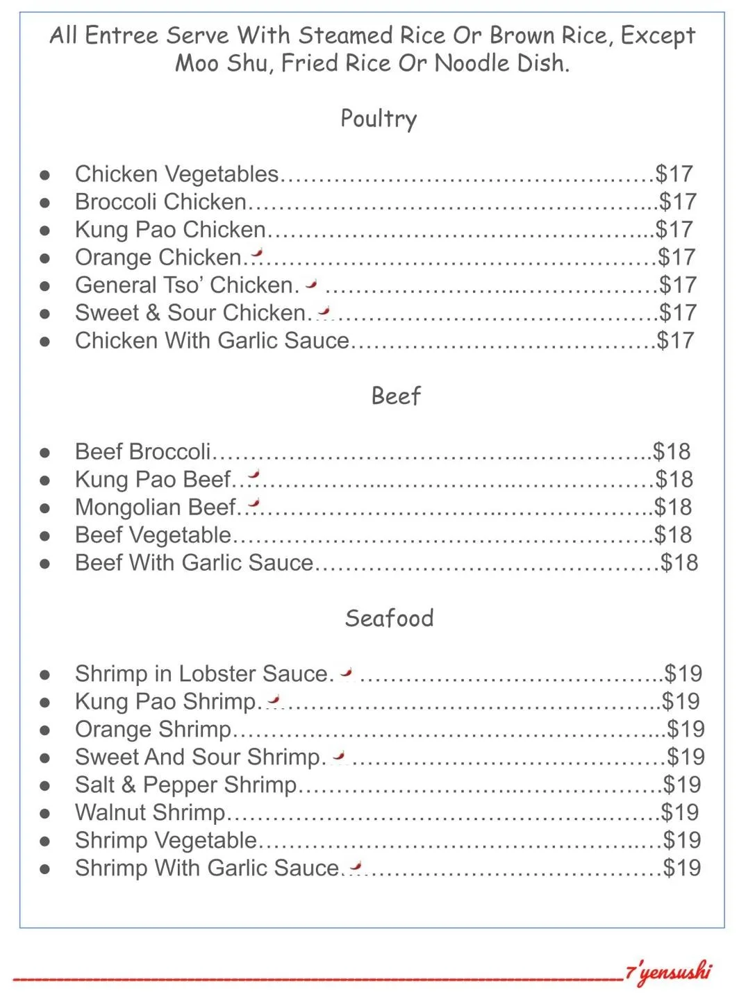 7'yensushi Chinese food menu: Chicken, Beef, and Seafood entrees. Includes favorites like Kung Pao Chicken, Mongolian Beef, and Walnut Shrimp. Prices range from $17 to $19. Served with rice.