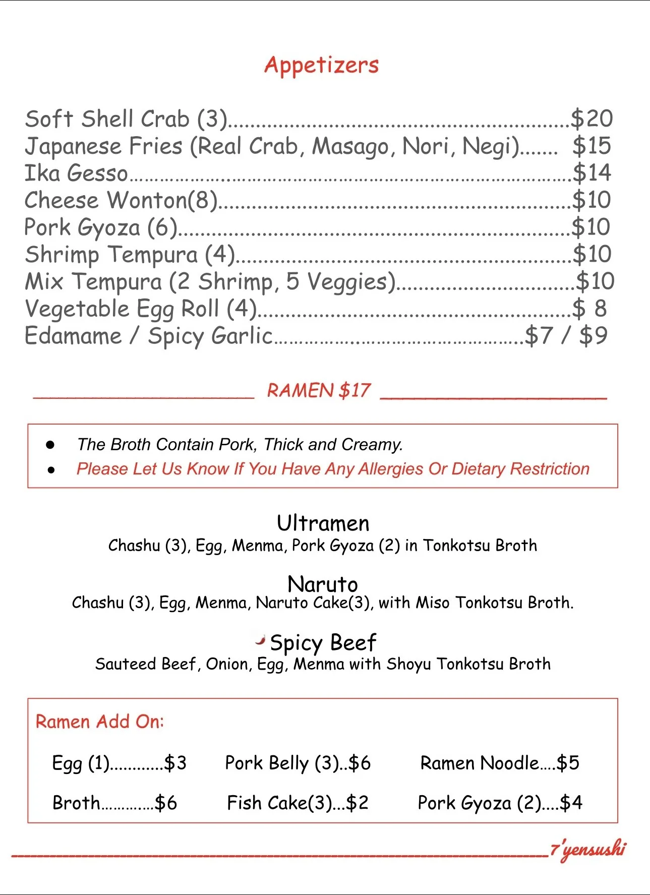 7’Yen Sushi Roseville CA menu featuring Naruto Ramen, Ultramen, and appetizers like Japanese fries with real crab and masago