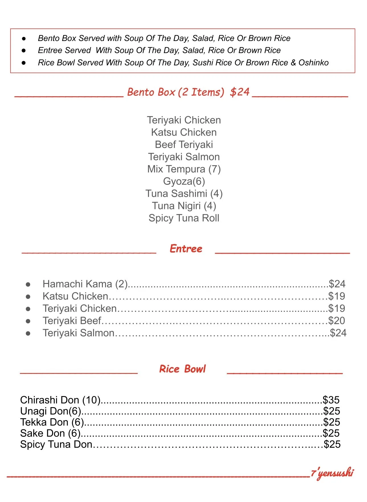 7’Yen Sushi Roseville CA menu featuring customizable japanese Bento Boxes, Hamachi Kama entrees, and traditional Rice Bowls like Chirashi Don