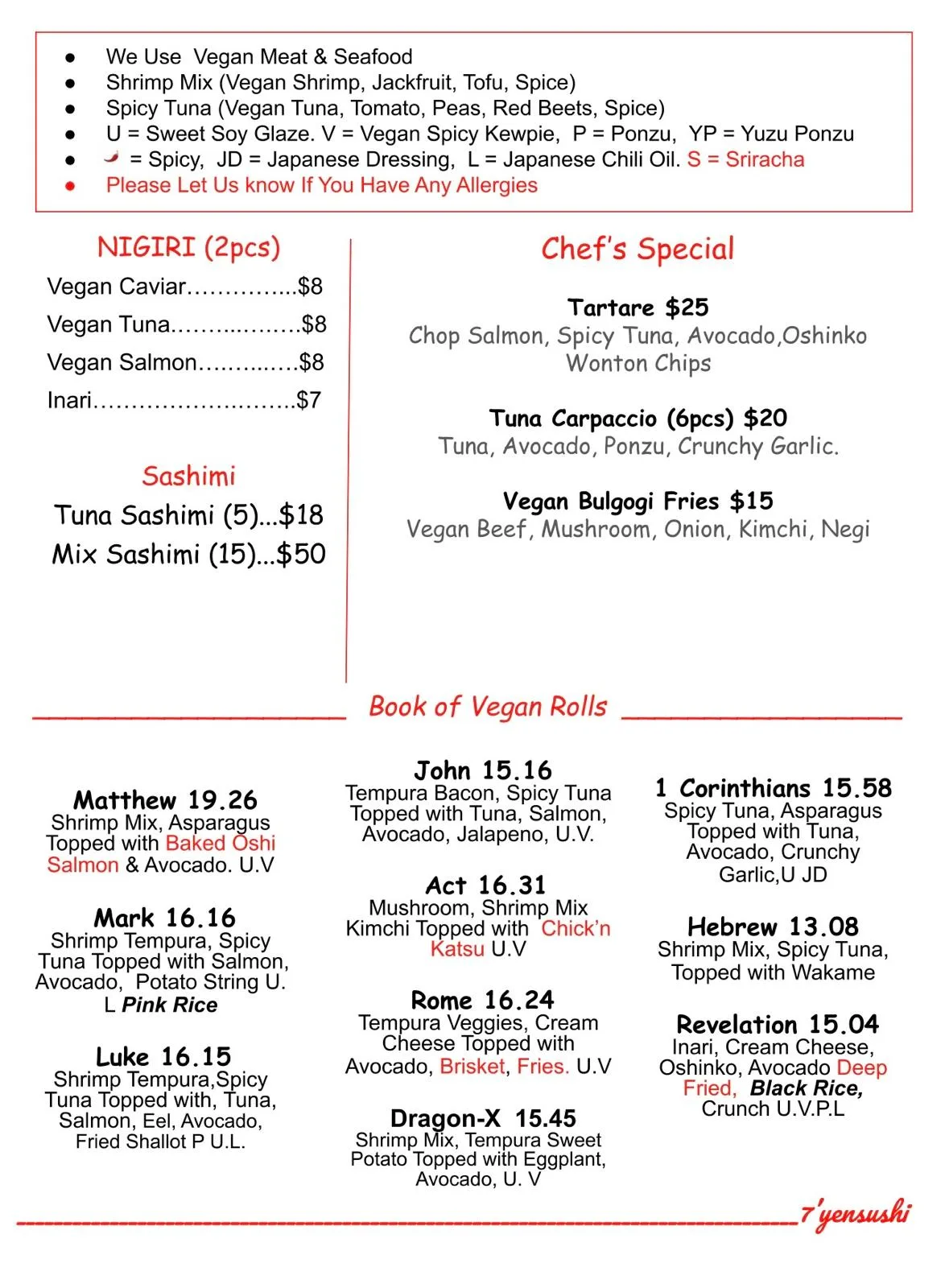 7’Yen Sushi Roseville vegan menu featuring the Book of Vegan Sushi Rolls, plant-based nigiri, and Vegan Bulgogi Fries.