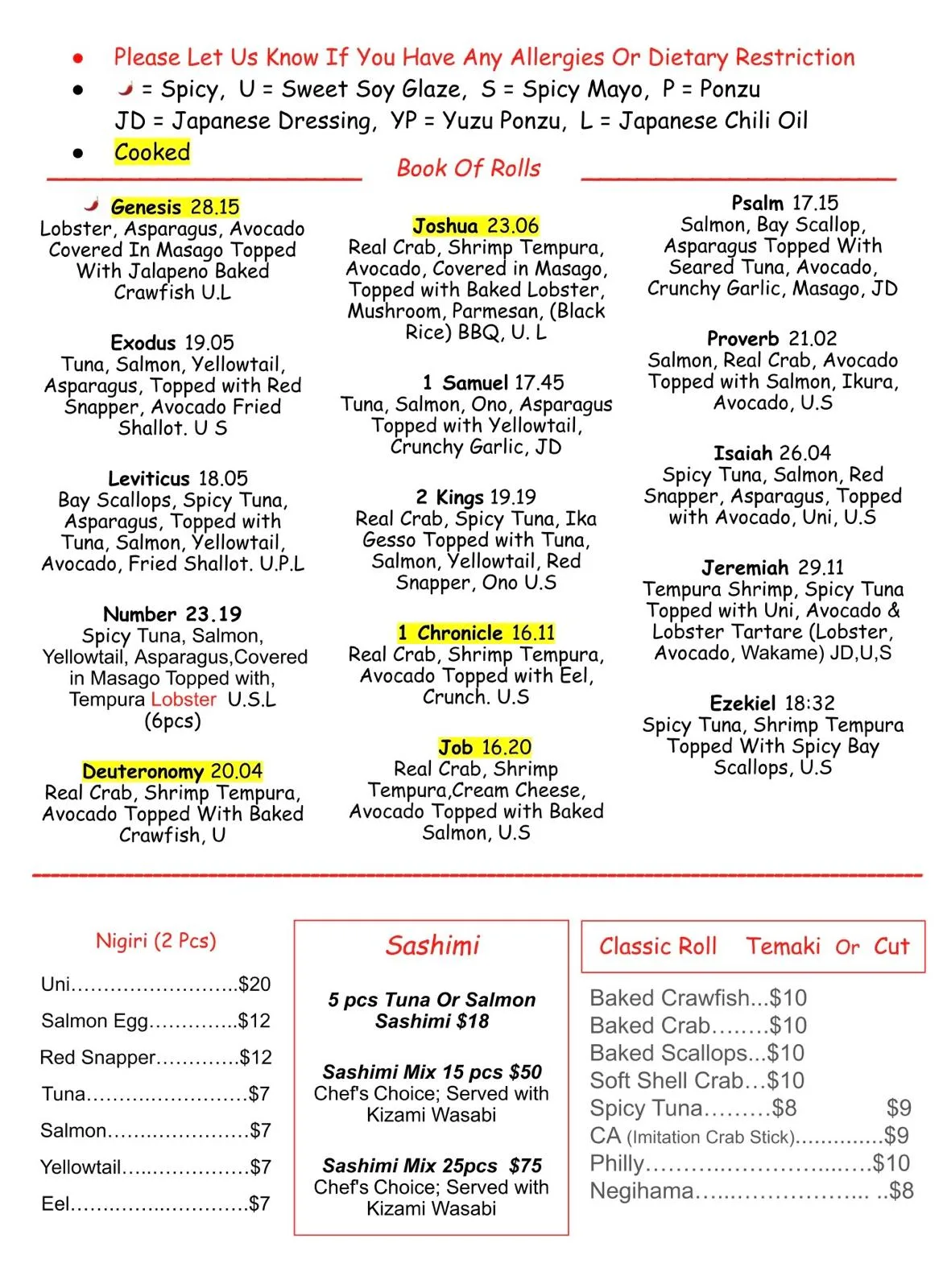 7’Yen Sushi Restaurant Roseville CA menu Book of Rolls regular sushi featuring specialty sushi rolls like Genesis and Joshua, plus fresh Nigiri and Sashimi selections