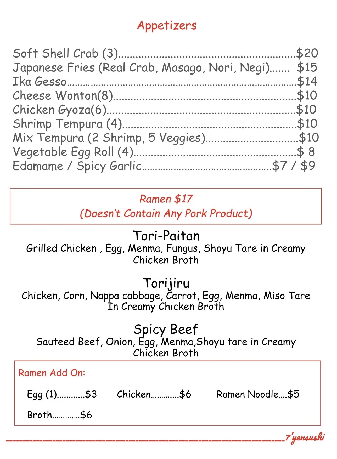 A menu page lists Japanese appetizers like Soft Shell Crab and Ika Gesso, alongside three creamy chicken broth ramen options Tori Paitan Torijiru Spicy Beef and ramen addons from 7 yen sushi